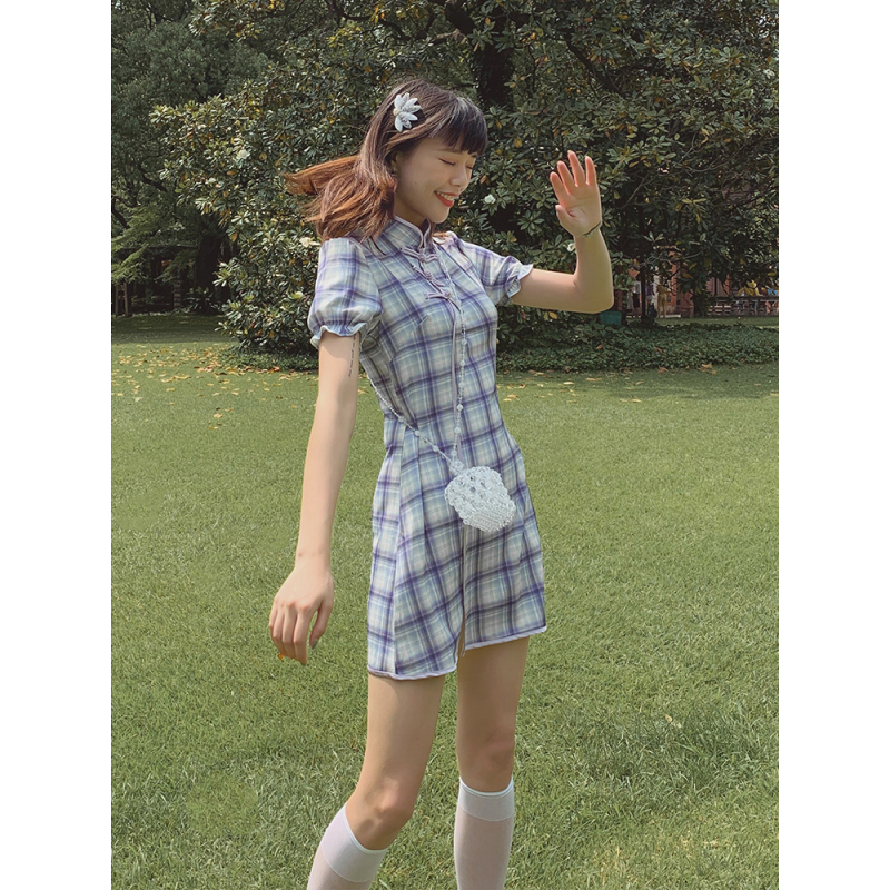 艳如飞日常可穿改良版紫色格子旗袍年轻款夏季中国风少女小个子连衣裙短连衣裙