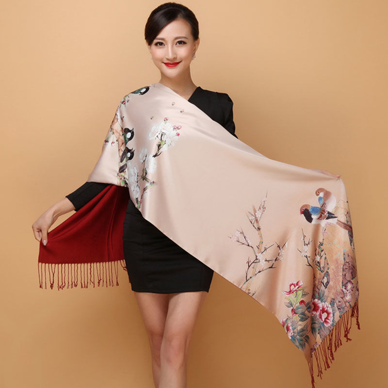 喜上眉梢 杭州丝绸真丝丝巾双层桑蚕丝女百搭羊绒长款旗袍保暖披肩