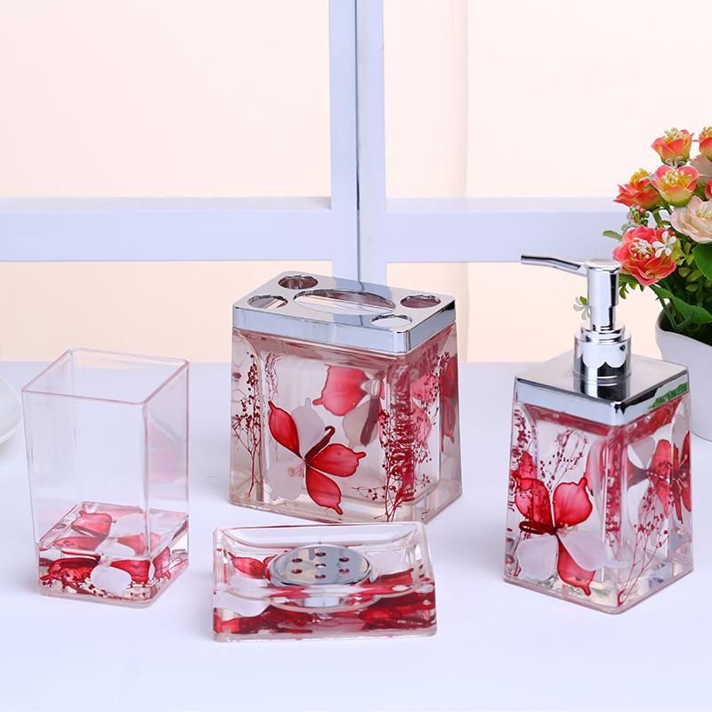 浴室四件套洗漱套装乔迁新婚礼品 亚克力水晶入油卫浴套装-镀银蝴蝶结花四件套 红色