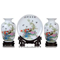 彩帮景德镇花瓶三件套摆件陶瓷器花鸟挂盘装饰盘子现代时尚家饰摆件