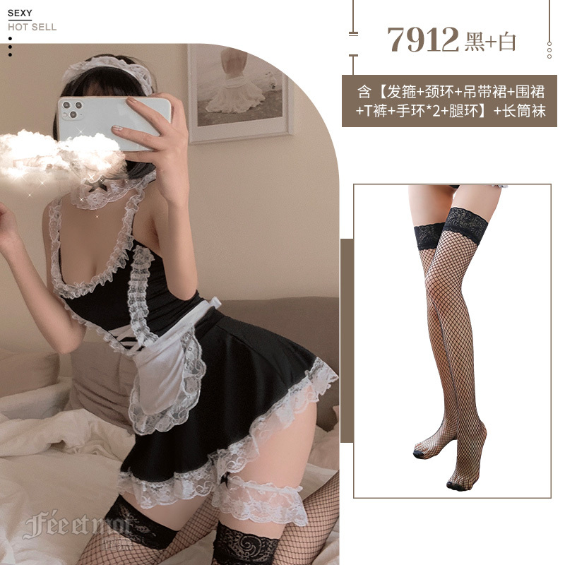 霏慕女式情趣睡衣大码女仆装制服性感情趣内衣服装床上衣服套装女小胸睡衣可爱女佣套装7912 7912【发箍-颈环-吊带裙-围裙-T裤-手环-腿环】+网袜 加大