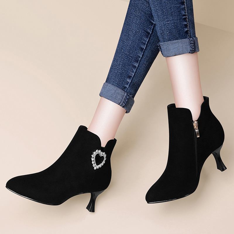 古奇天伦小短靴女加绒2018新款高跟鞋秋冬季靴子百搭细跟女士皮靴9180