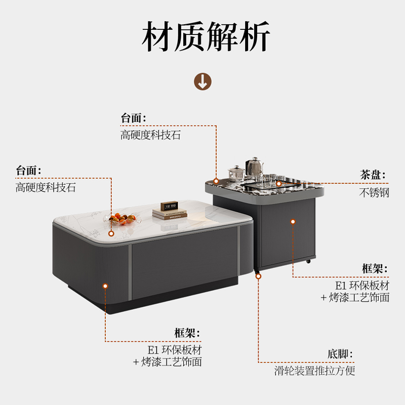 欧梵森 创意科技石多功能功夫茶几小户型客厅家具轻奢意式风现代简约套装北欧大小户型带电磁炉泡茶一体茶桌高清大图