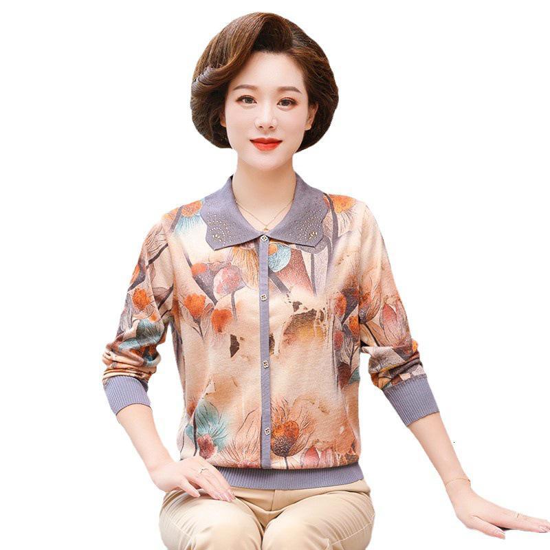 中年妈妈装秋装新款洋气长袖t恤上衣中老年女装薄毛衣翻领打底衫