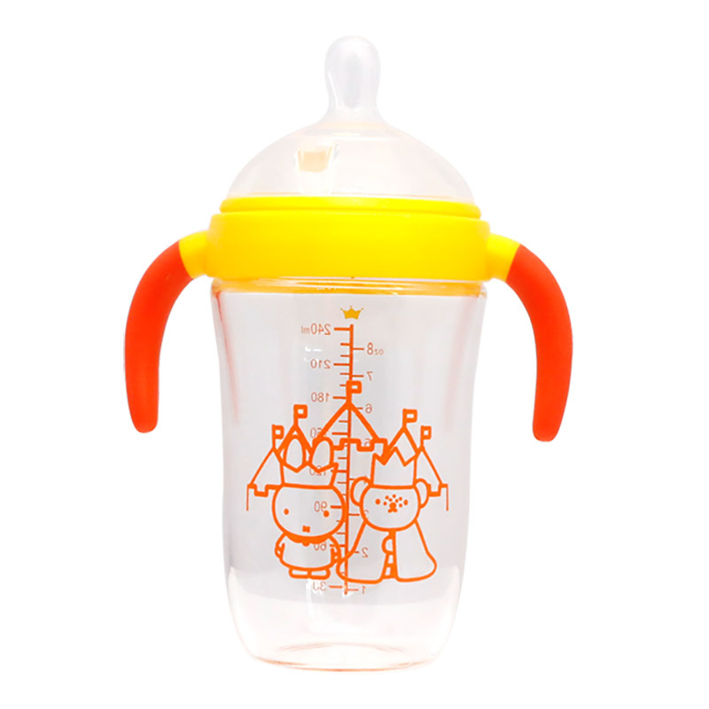 米菲(Miffy)广口径玻璃奶瓶240ml(橙色)带手柄耐高温