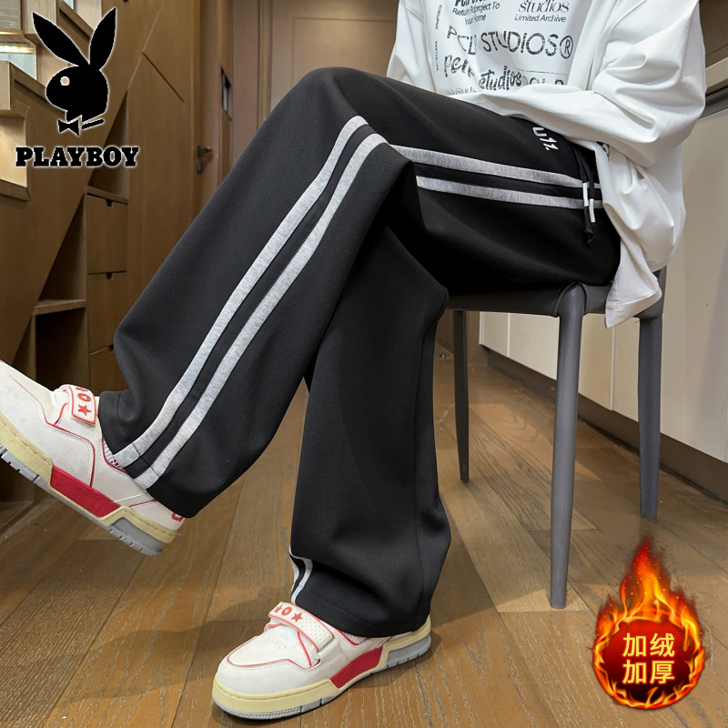 花花公子新款青少年学生裤男装直筒休闲加绒加厚奥粒绒卫裤高清大图