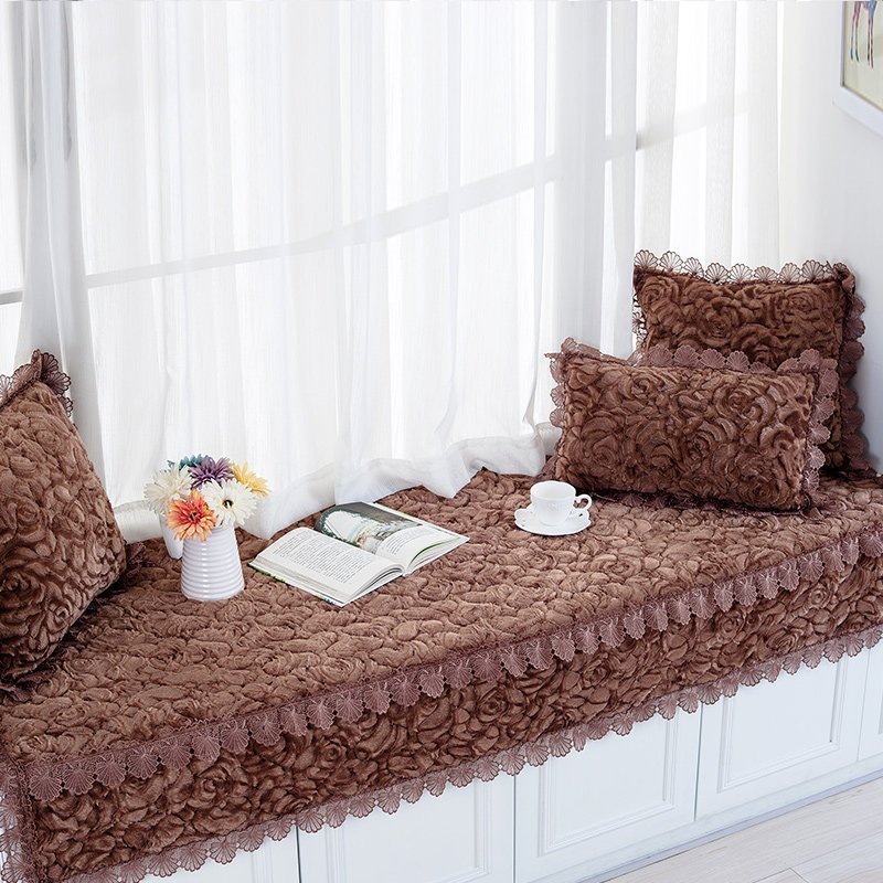 汐岩阳台飘窗垫窗台垫卧室飘窗装饰榻榻米四季坐垫儿童房公主风飘窗毯 玫瑰毛绒-咖色宽50+20*长180cm一张