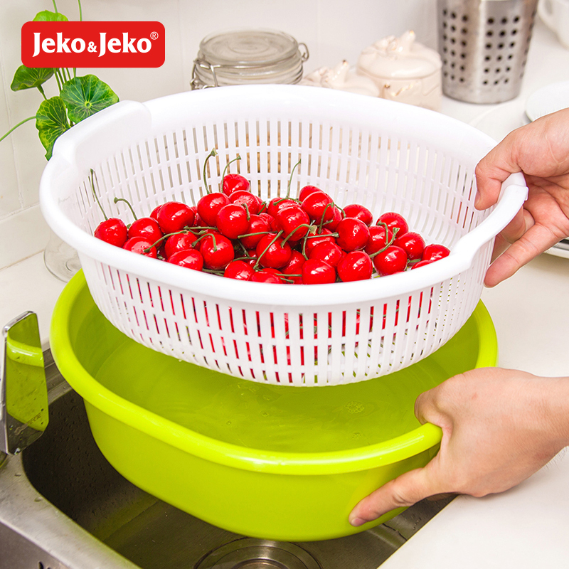 JEKO&JEKO 大号椭圆形双层滤水篮果蔬筛子沥水筛水果篮洗菜盆滤水筛洗菜盆果盘 SWB-6096