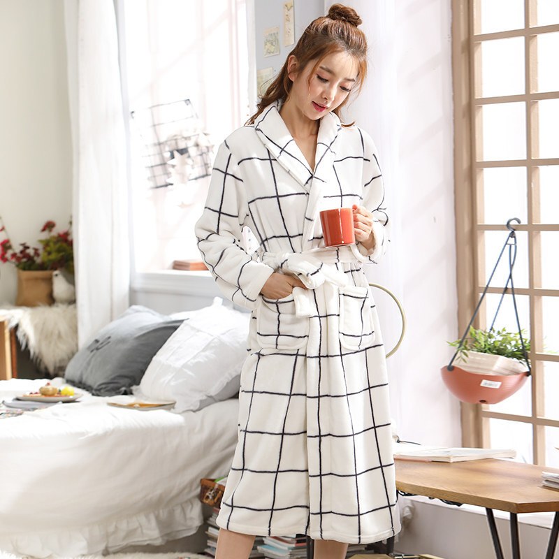 波迷娜（BOMINA)睡袍女秋冬季加厚珊瑚绒睡衣冬天加长款浴衣法兰绒浴袍 女-米白 均码 是