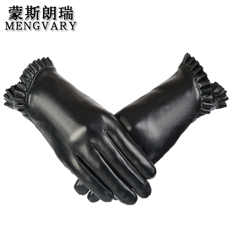 蒙斯朗瑞保暖手套女秋冬加绒触屏手套韩版女士皮手套户外加厚防风骑车手套 黑色