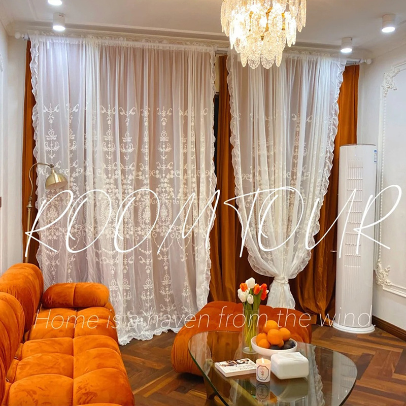 添福运 法式浪漫轻奢窗纱北欧简约现代挂钩窗帘打孔窗帘飘窗客厅帘子拼色儿童房奶油风窗帘轻奢卧室挂钩纯色窗帘