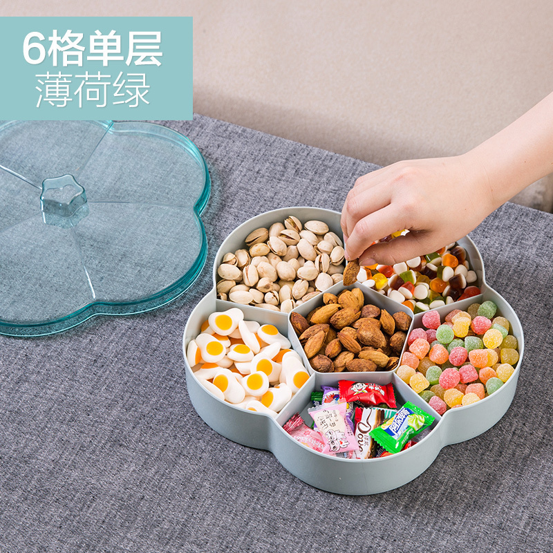 家柏饰(CORATED)双层分格糖果盒塑料干果盒家用带盖干果盘客厅瓜子盒子零食收纳盒 6格单层薄荷绿