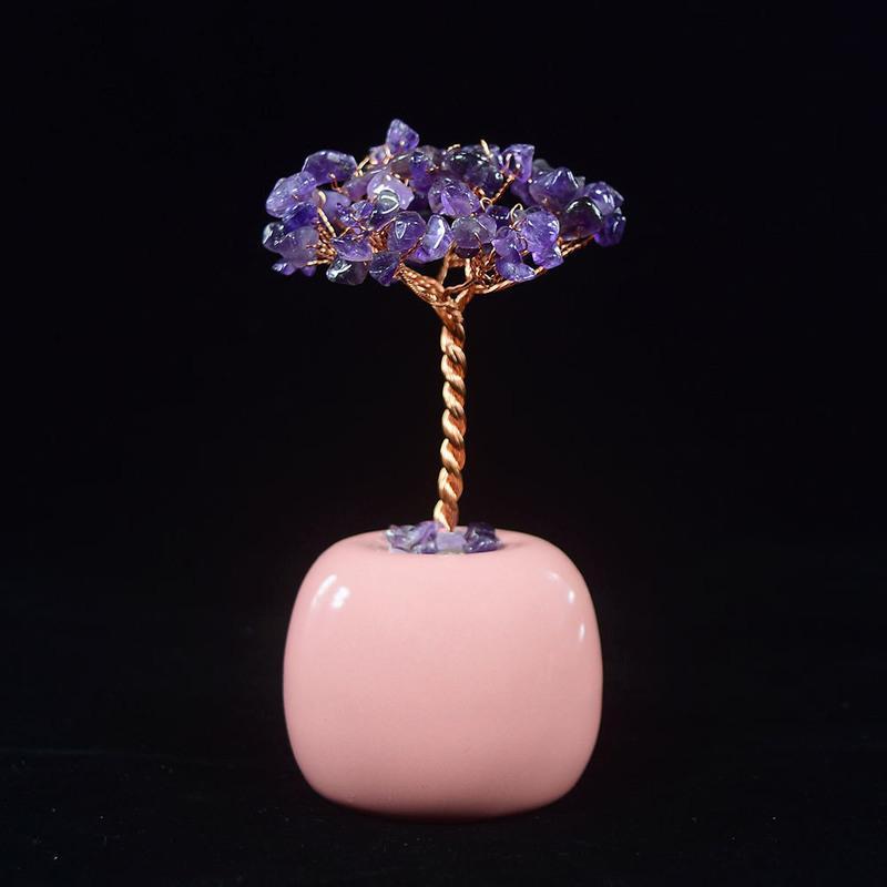 粉紫黄水晶发财树小摆件饰品礼物办公电脑桌家居客厅装饰品五彩缤纷