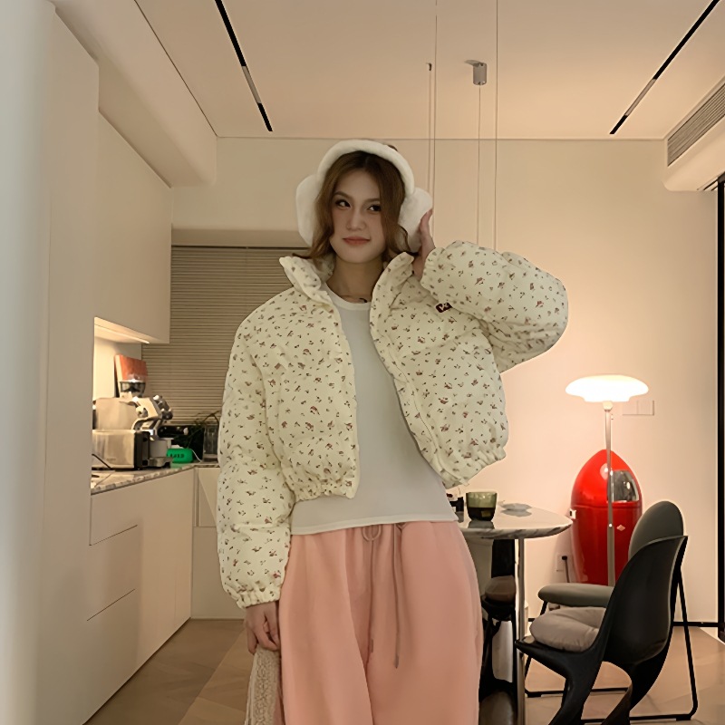 2025年女冬短款棉服美式高级感小碎花棉衣棉袄宽松加厚保暖外套 米杏色 L