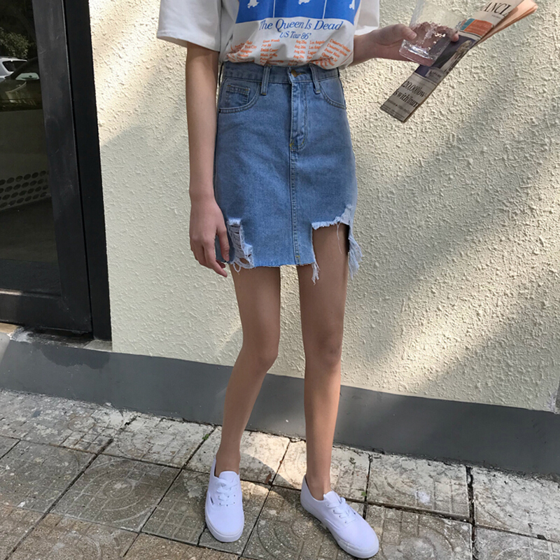 大码200斤胖mm破洞牛仔短裙女夏装韩版高腰显瘦百搭A字包臀半身裙