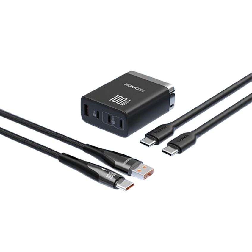 罗马仕100W氮化镓充电器套装+100W Type-C数据线适用MacBookPro联想笔记本苹果15/14华为荣耀手机