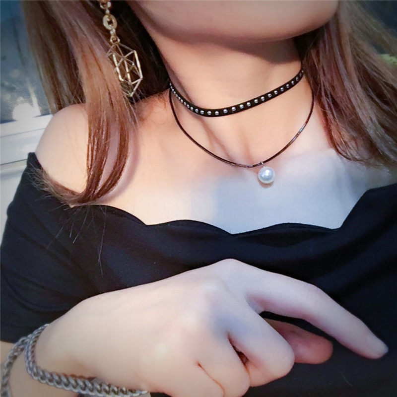 新款日韩时尚个性潮流饰品珍珠项链女士绒布项圈DNDZ1161送女朋友七夕情人节礼物