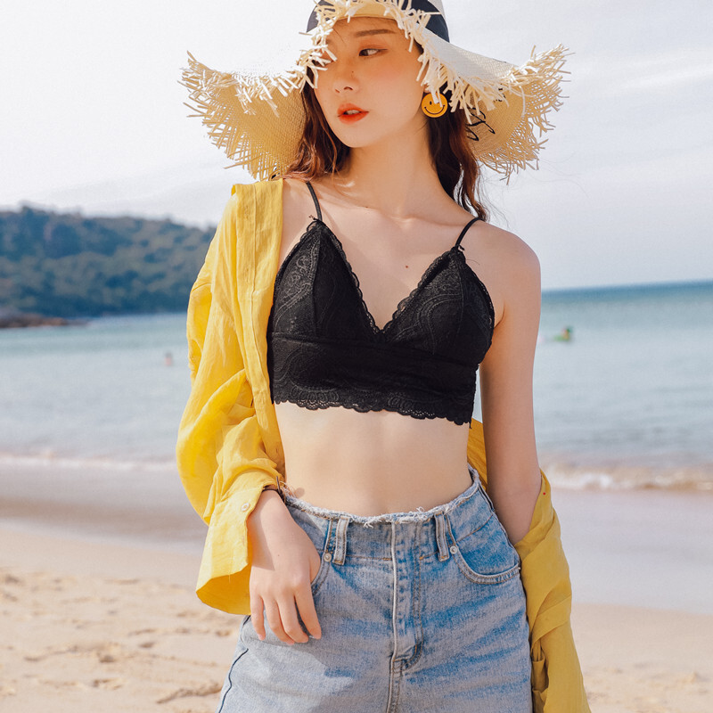 波迷娜(BOMINA)法式三角杯胸罩少女文胸网纱蕾丝美背裹胸抹胸打底防走光吊带小背心性感带胸垫内衣女薄款 酒红色>日韩系