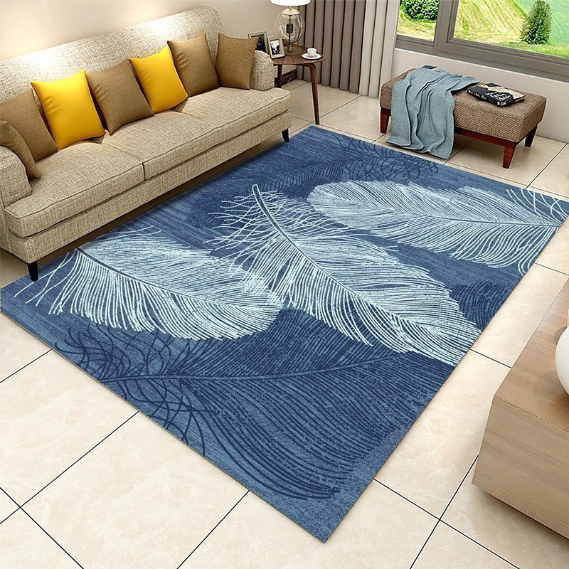 美帮汇简约北欧中式客厅沙发茶几垫卧室床边榻榻米衣帽间水洗薄地毯定制 如图-015蓝羽 120&times;160cm