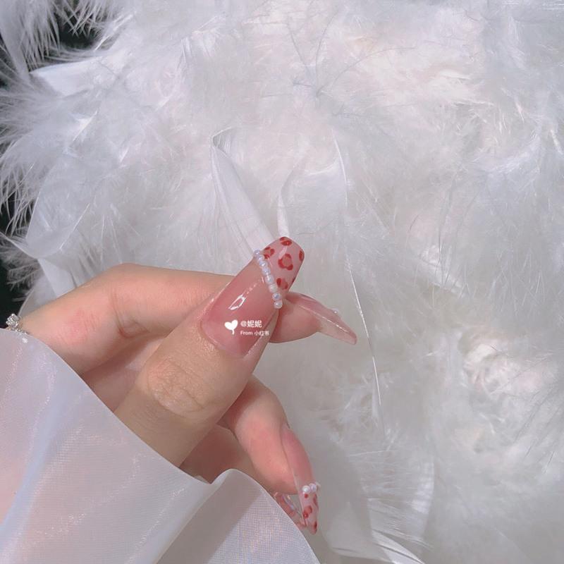 假指甲美甲贴片 猫眼豹纹珍珠长指甲百搭美甲 手工光疗美甲穿戴甲 粉色豹纹珍珠爱心款 XS
