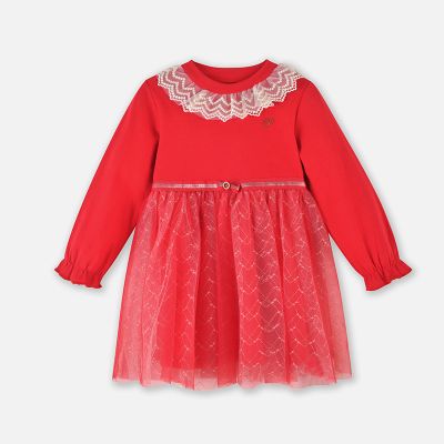 【1件3折】铅笔俱乐部童装秋装新款女小童连衣裙儿童网纱裙蕾丝边装饰蝴蝶结织带 大红 90cm