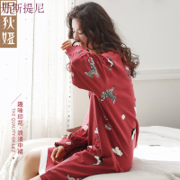 韩版睡衣睡裙女秋季纯棉长袖长款红色时尚卡通可爱宽松春秋家居服