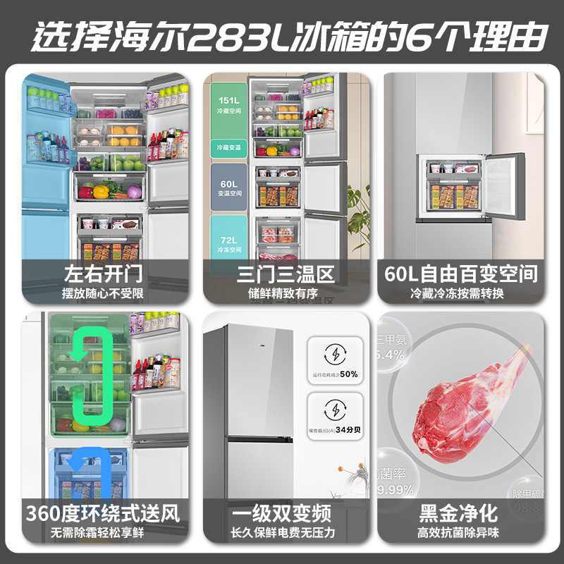 [99大促]海尔(Haier)冰箱283升三开门风冷无霜一级能效双变频家用BCD-283WLHC357SW