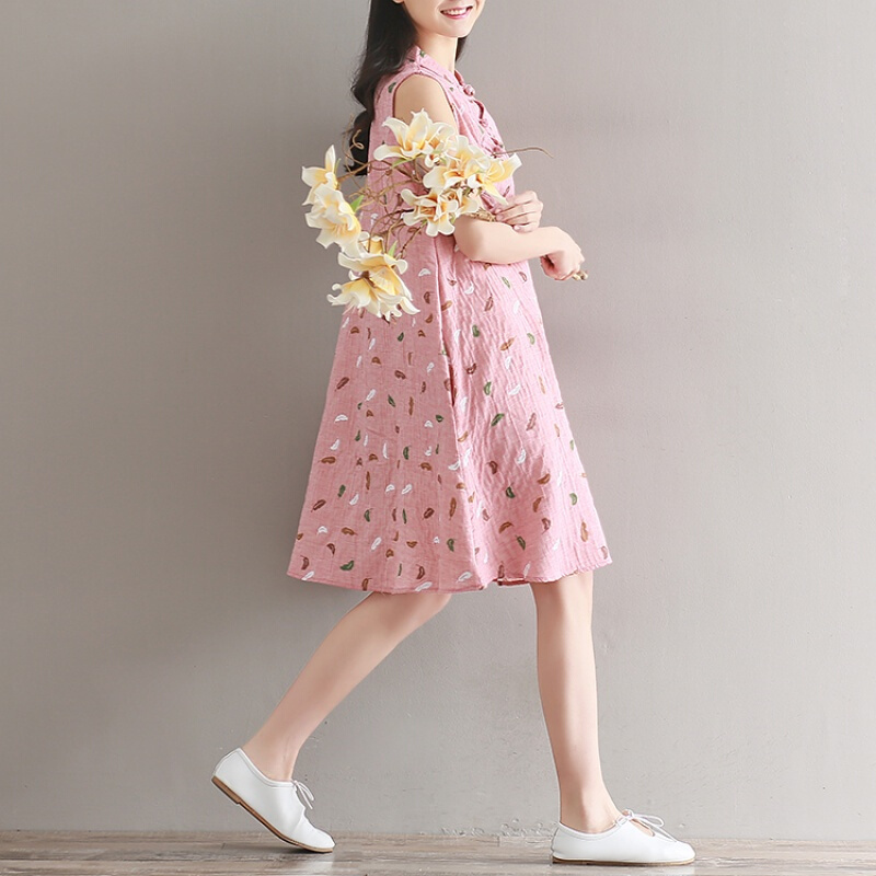 2018夏季女装复古文艺棉麻连衣裙女夏宽松中长款中式改良旗袍裙子藕粉色[无袖]