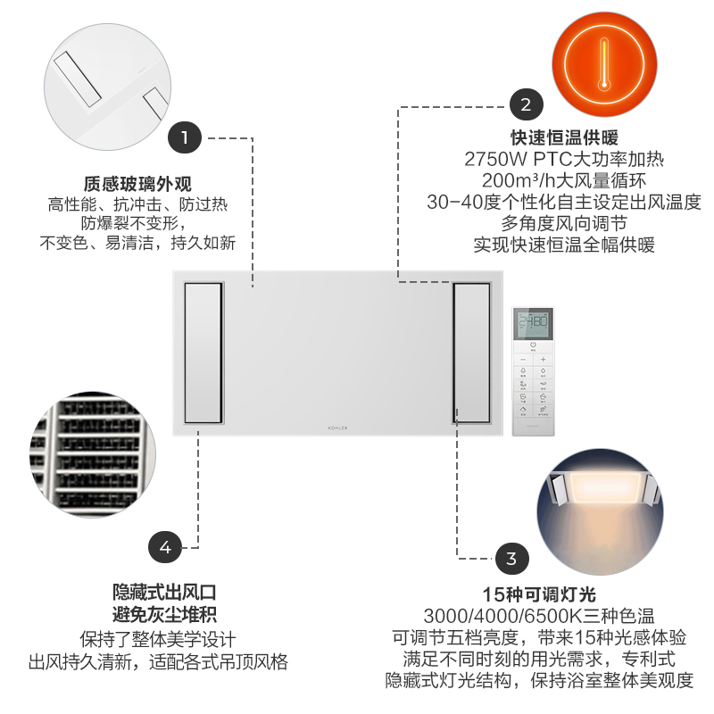 科勒风暖式浴霸卫生间多功能灯暖风暖一体照明暖风机石膏顶21465
