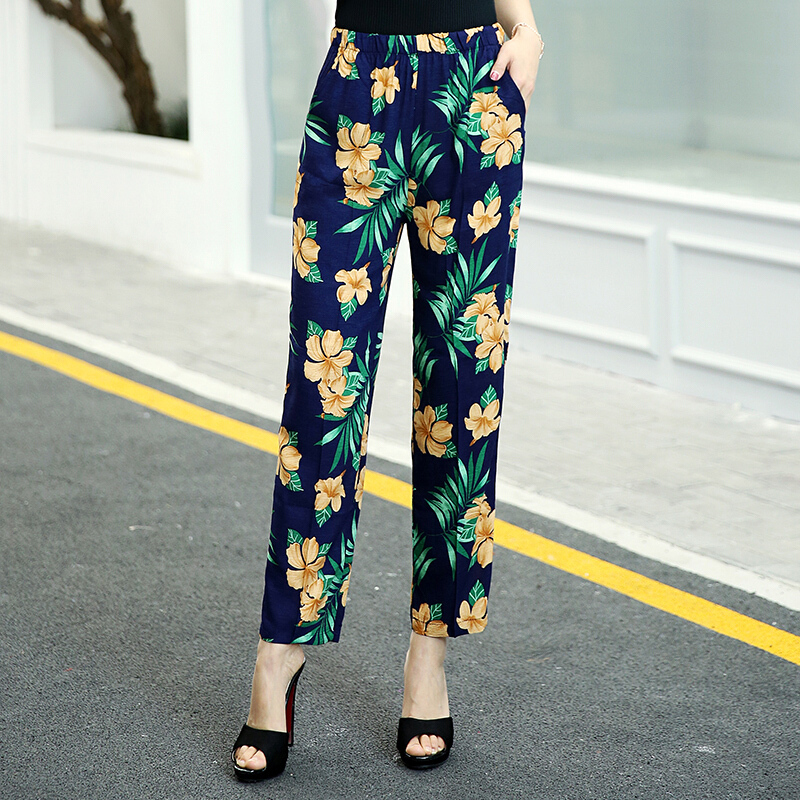 怡品堂女士休闲裤 夏季薄款中老年人花裤子女棉麻九分裤松紧腰直筒裤