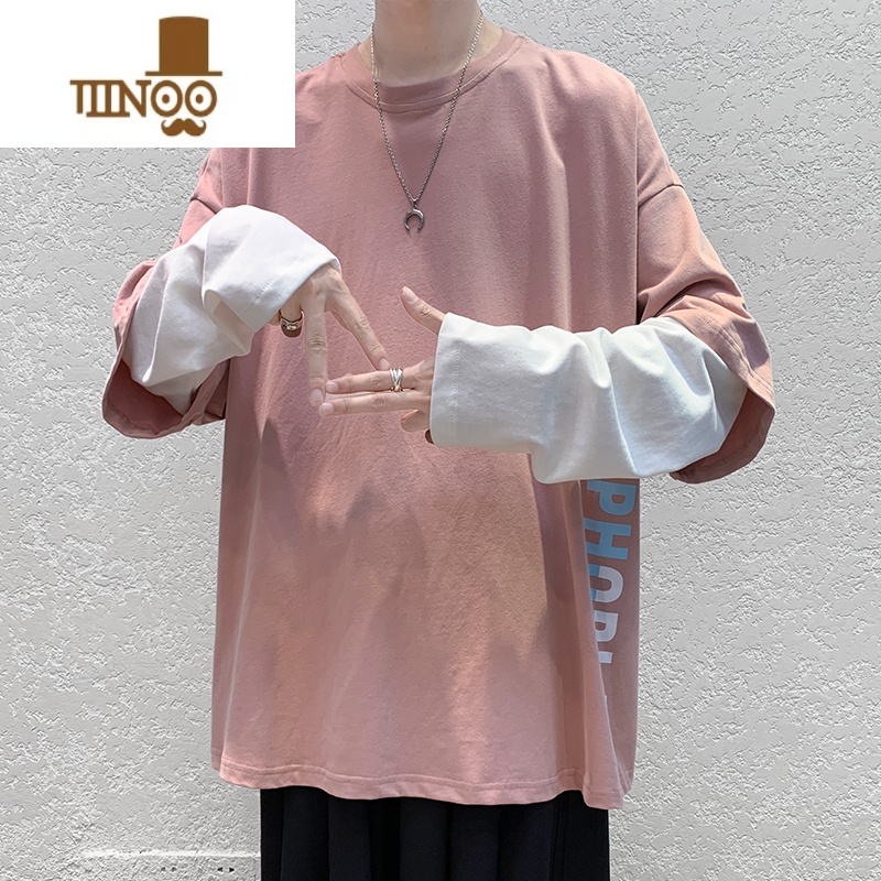 YANXU男装潮流假长袖T恤男韩版潮牌字母撞色宽松休闲N恤T宽高清大图