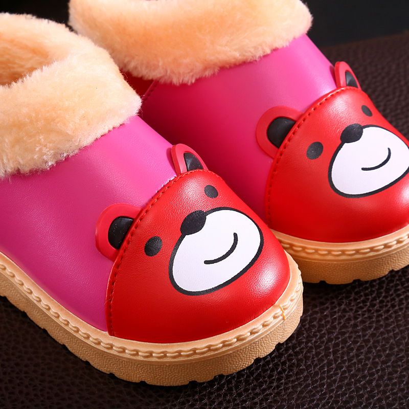 促销冬季新款小童棉鞋卡通中童小熊拼接防水pu毛口儿童棉靴雪地靴防滑