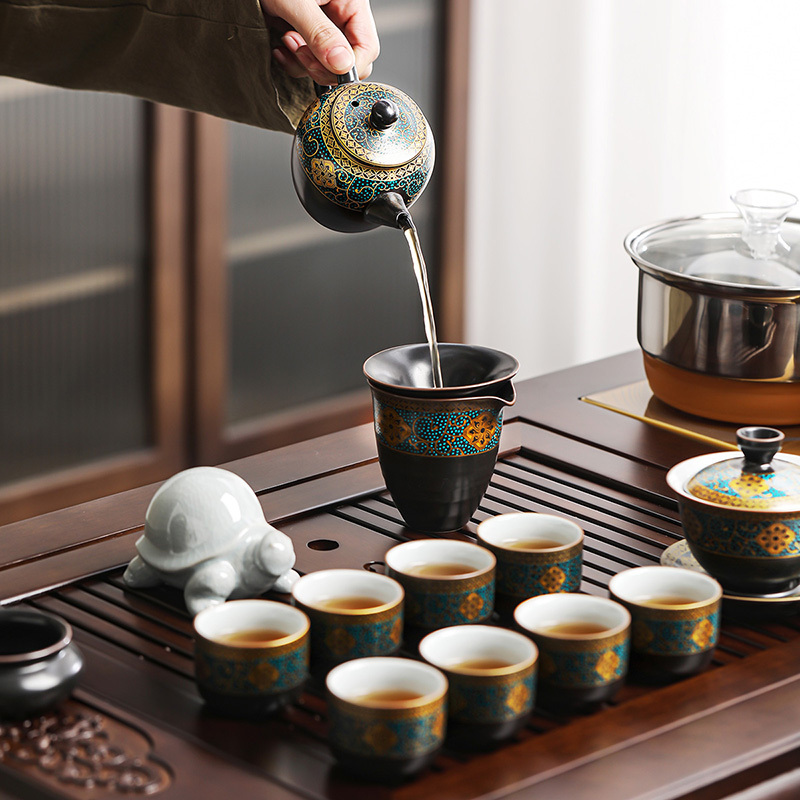 領藝 优品古韵功夫茶具套装家用办公室整套陶瓷泡茶器乌金檀木茶盘四合一