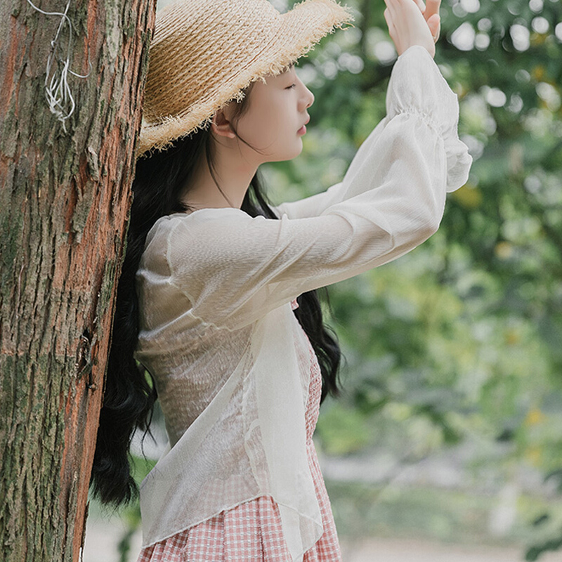 配带裙的小外披雪纺防晒衣空开衫女夏薄2018新款外搭罩衫短款杏色