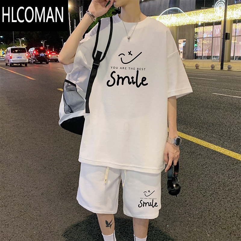 HLCOMAN青少年短裤男款运动夏季潮流华夫格宽松五分中裤港风沙滩裤子套装