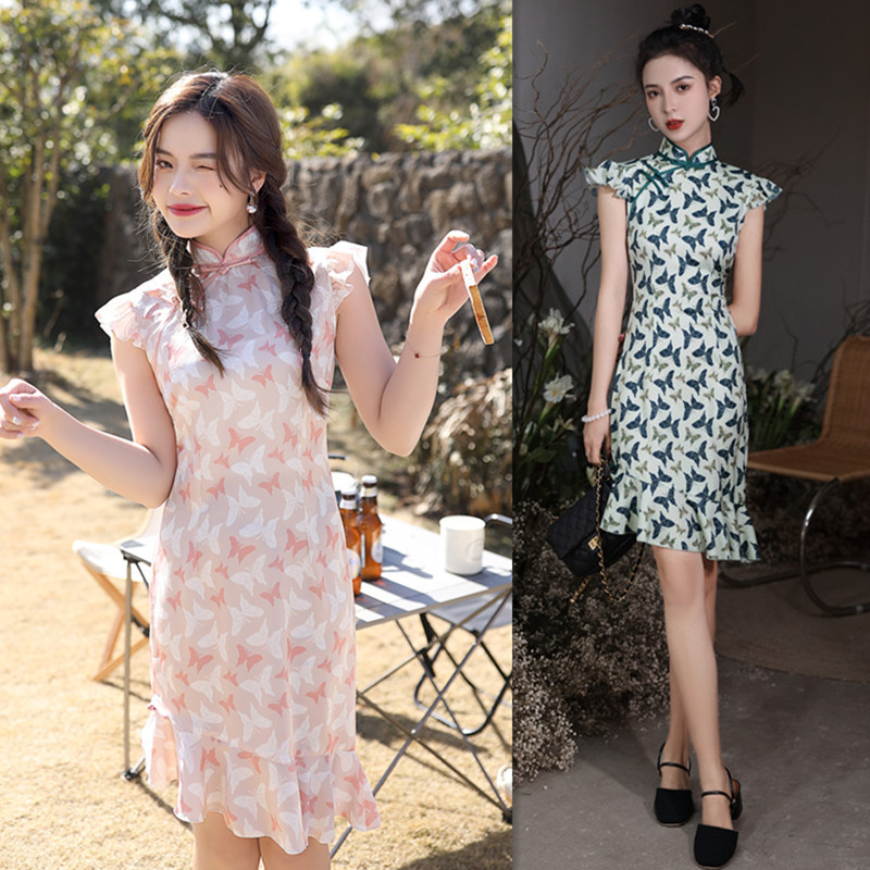 年轻少女款飞飞袖短款鱼尾旗袍裙新款时尚改良日常旗袍裙