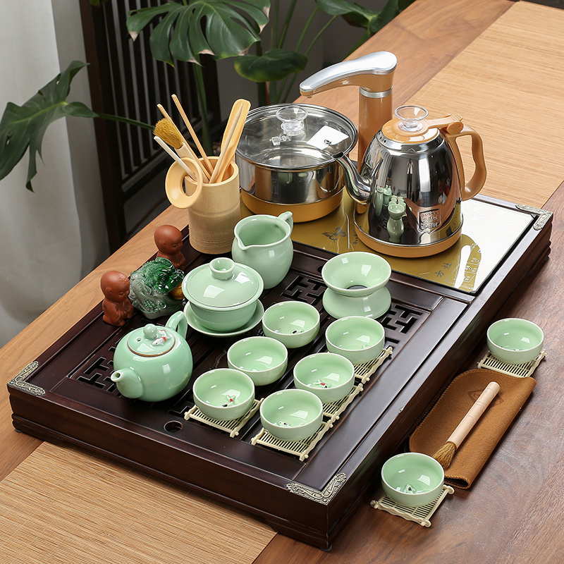 系客舟功夫茶具套装紫砂陶瓷冰裂喝茶具四合一实木茶盘茶台