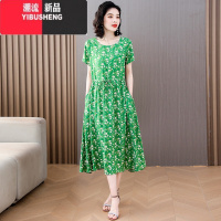 YIBUSHENG新款洋气棉绸连衣裙女季时尚收腰显瘦圆领中老年人造棉棉印瘦I 4XL参考140-155斤 1号色1821款