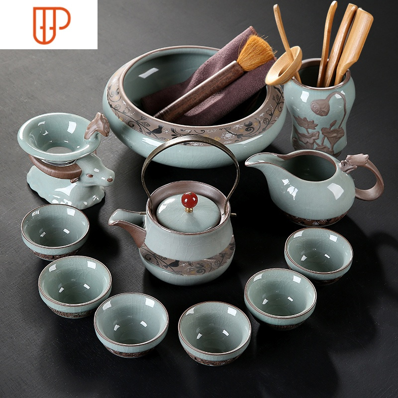 简约网红抖音茶具汝窑哥窑旅行茶具拖盘套装整套冰裂青瓷功夫 国泰家