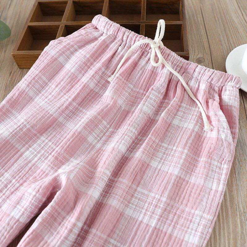 suntek日系格子睡裤女棉春秋双层纱布水洗绉布家居裤长裤可外穿大码
