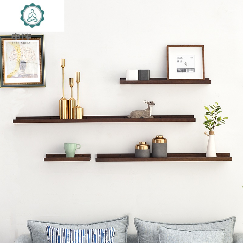 免打孔实木墙上置物架北欧壁挂一字隔板客厅卧室饰品架