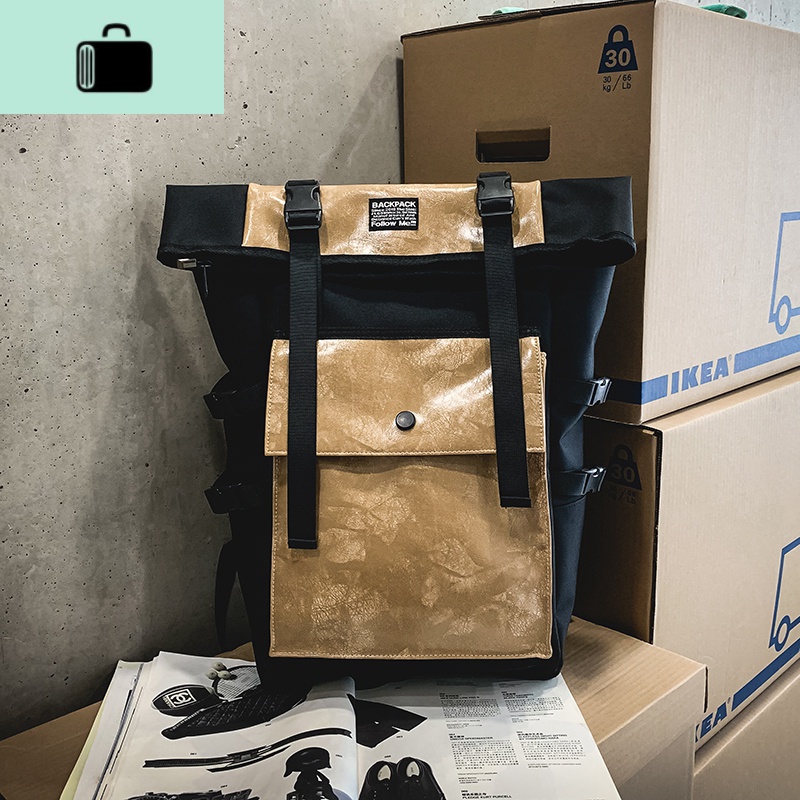 双肩包男ins潮牌复古大容量简约高中学生书包女时尚潮流原宿背包NEW LAKE 卡其