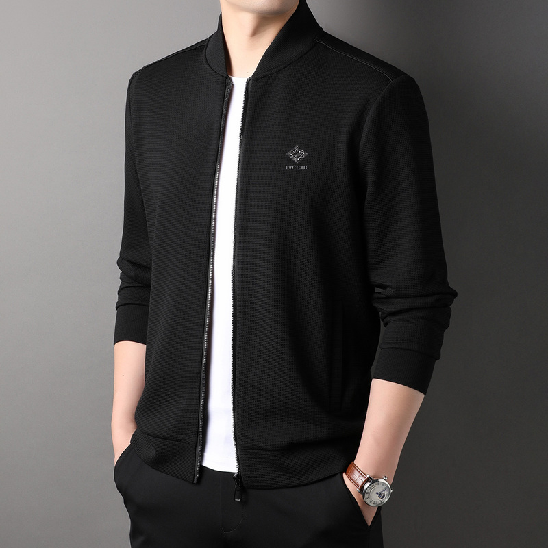 华夫格休闲套装男运动两件套春秋季棒球领长袖卫衣外套潮流长裤 黑色（胸标款上衣） 180/XL