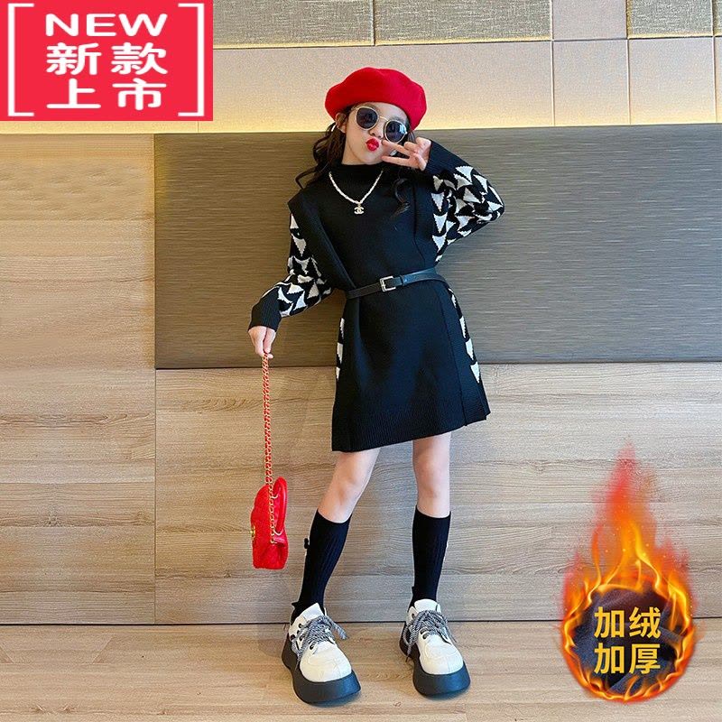 可莉允女童加绒毛衣秋冬装2022新款大童时髦洋气炸街儿童冬季针织连衣裙图片