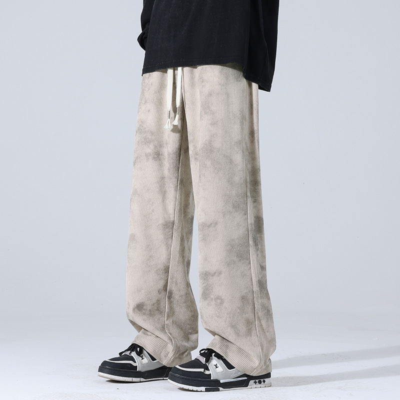 休闲裤男灯芯绒蜡染秋季韩版潮牌直筒阔腿裤脏脏裤宽松运动长裤子