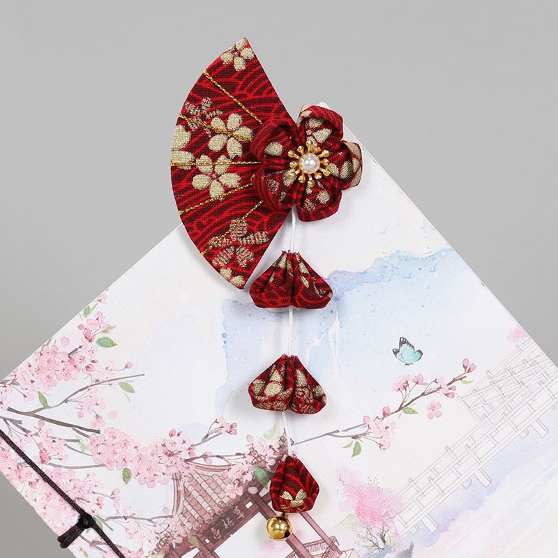 古装汉服配饰日系和风樱花流苏发夹古风日式和服发饰扇形发簪饰品酒红