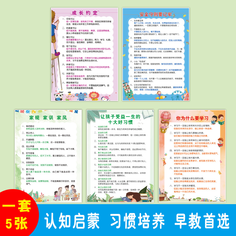 好孩子成长挂图 5张 [正版]小学生成长起跑线挂图成长公约家有家规家训墙贴女孩挂图学习好孩子学习好习惯规矩约定写作业要做高清大图