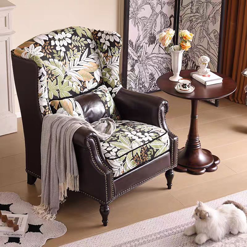 繁花老虎椅法式复古风布艺真皮拼接单椅美式客厅高背休闲单人沙发高清大图