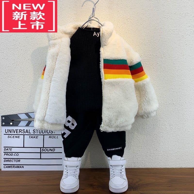 可莉允男童加绒加厚外套秋冬装2021洋气新款宝宝冬装羊羔绒儿童宽松棉服图片