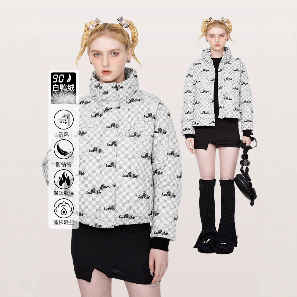 2025新款欧美棋盘格欧根纱刺绣高级感时尚面包服抗寒外套羽绒服高清大图